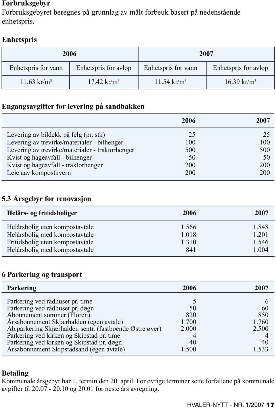 39 kr/m 3 Engangsavgifter for levering på sandbakken 2006 2007 Levering av bildekk på felg (pr.