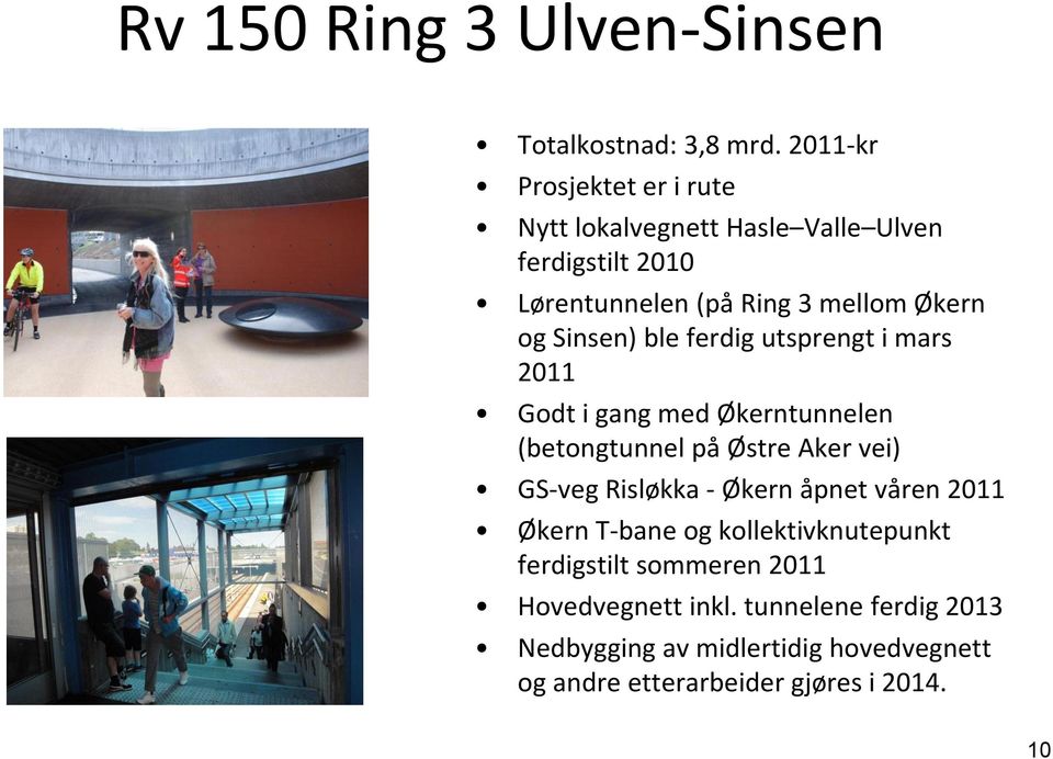 Sinsen) ble ferdig utsprengt i mars 2011 Godt i gang med Økerntunnelen (betongtunnel på Østre Aker vei) GS-veg Risløkka -