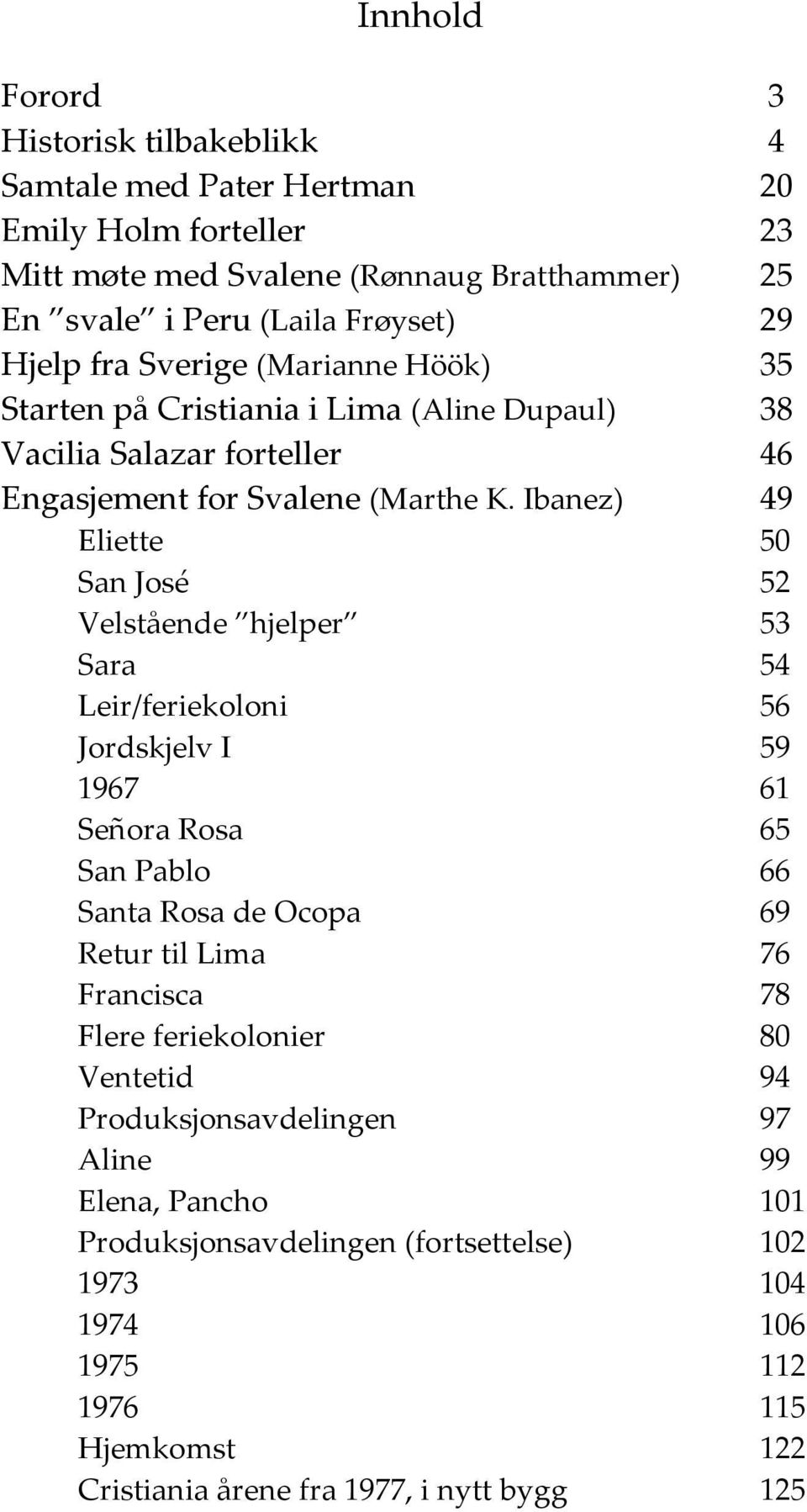 Ibanez) Eliette San José Velstående hjelper Sara Leir/feriekoloni Jordskjelv I 1967 Señora Rosa San Pablo Santa Rosa de Ocopa Retur til Lima Francisca Flere feriekolonier Ventetid