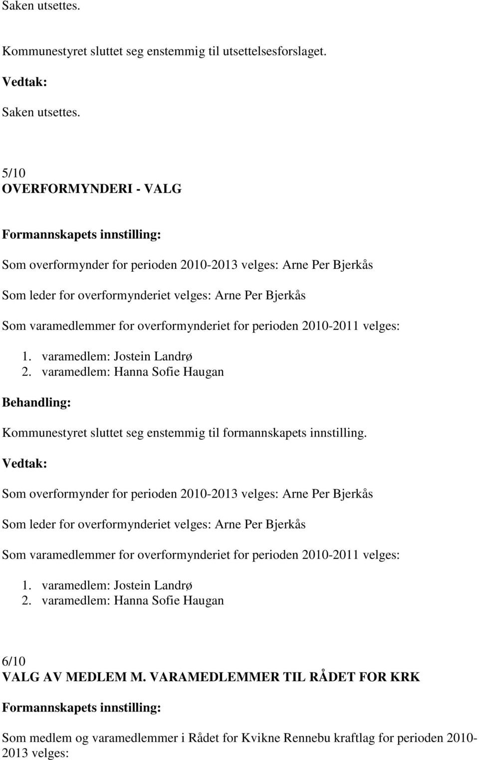 perioden 2010-2011 velges: 1. varamedlem: Jostein Landrø 2. varamedlem: Hanna Sofie Haugan Kommunestyret sluttet seg enstemmig til formannskapets innstilling.