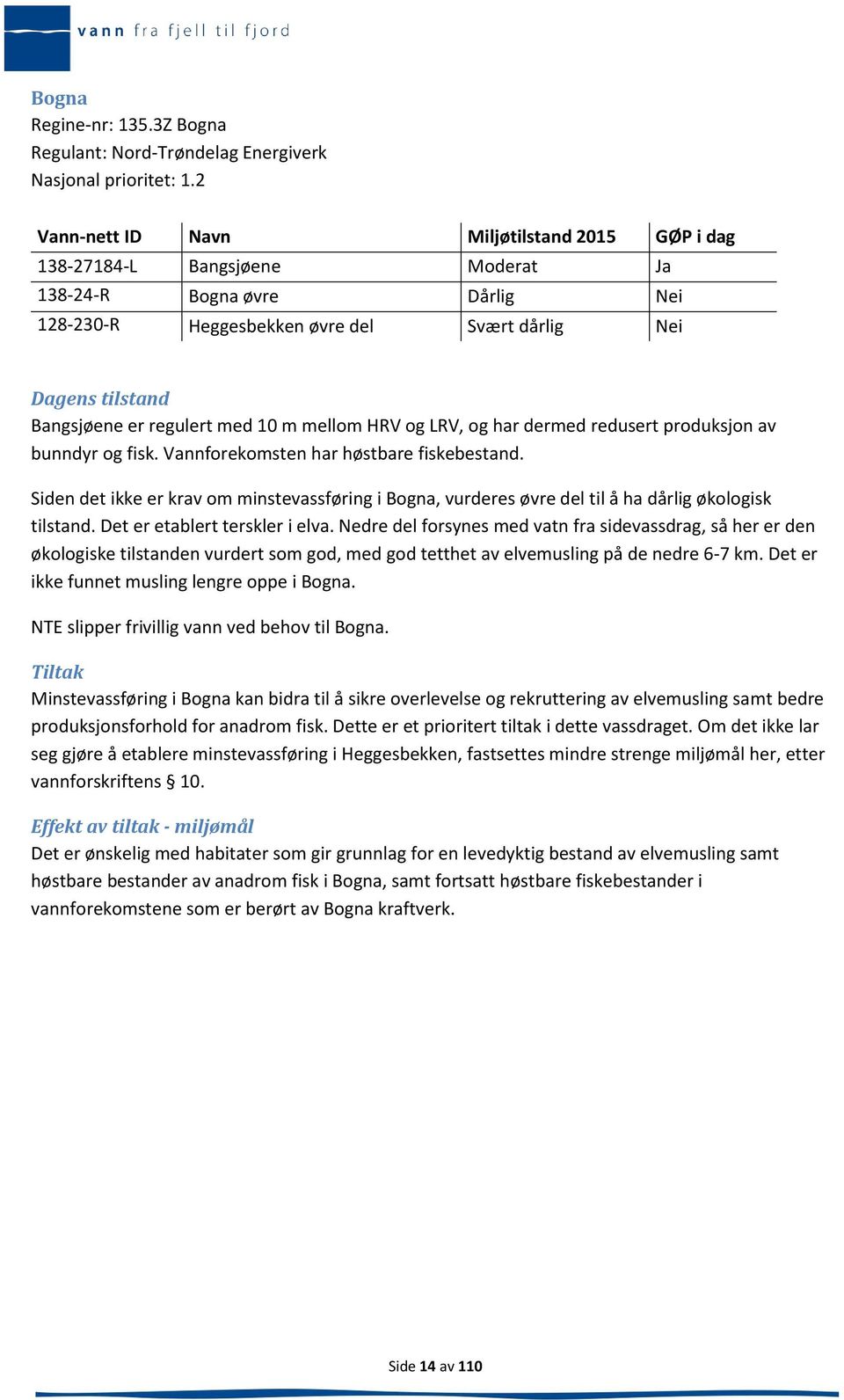 LRV, og har dermed redusert produksjon av bunndyr og fisk. Vannforekomsten har høstbare fiskebestand. Siden det ikke er krav om minstevassføring i Bogna, vurderes øvre del til å ha dårlig økologisk.