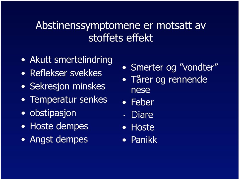 Temperatur senkes obstipasjon Hoste dempes Angst dempes