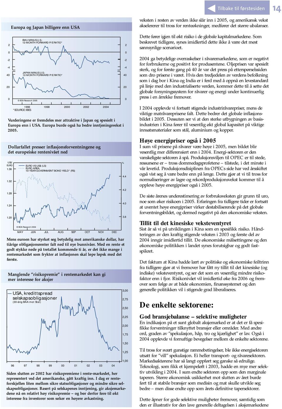 Europa burde også ha bedre inntjeningsvekst i 2005. Dollarfallet presser inflasjonsforventningene og det europeiske rentenivået ned US$/ EURO 1.36 1.32 1.28 1.24 1.