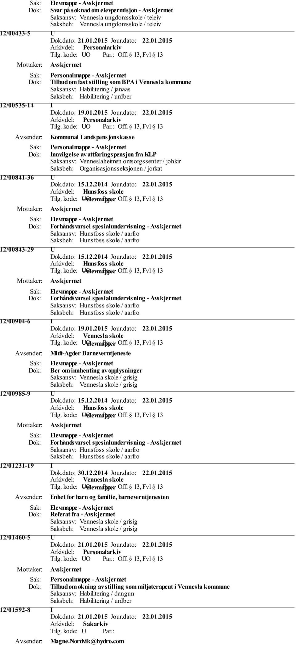 omsorgssenter / johkir Saksbeh: Organisasjonsseksjonen / jorkat 12/00841-36 U Forhåndsvarsel spesialundervisning - 12/00843-29 U Forhåndsvarsel spesialundervisning - 12/00904-6 I Midt-Agder