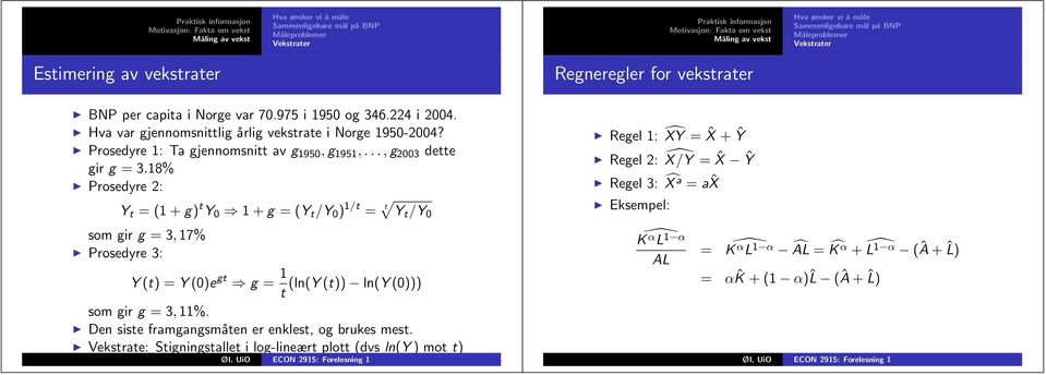 18% Prosedyre 2: Y t =(1+g) t Y 0 1+g =(Y t /Y 0 ) 1/t = t Yt /Y 0 som gir g =3, 17% Prosedyre 3: Y (t) =Y (0)e gt g = 1 (ln(y (t)) ln(y (0))) t som gir g =3, 11%.