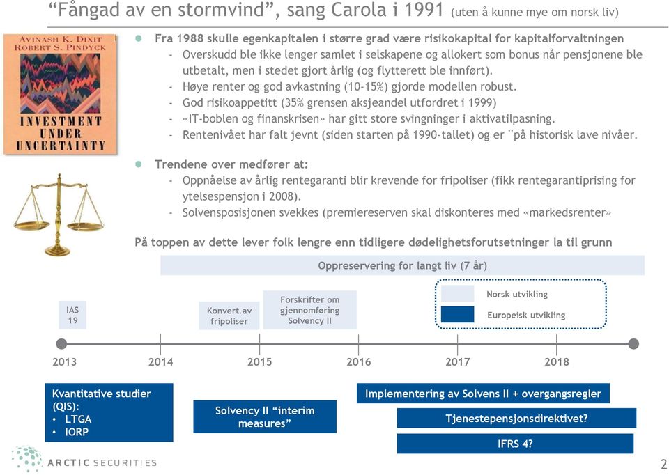 - God risikoappetitt (35% grensen aksjeandel utfordret i 1999) - «IT-boblen og finanskrisen» har gitt store svingninger i aktivatilpasning.