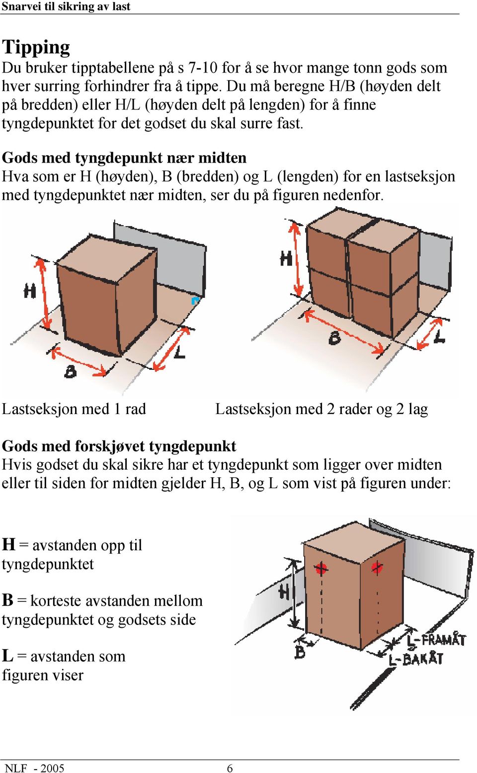 Gods med tyngdepunkt nær midten Hva som er H (høyden), B (bredden) og L (lengden) for en lastseksjon med tyngdepunktet nær midten, ser du på figuren nedenfor.