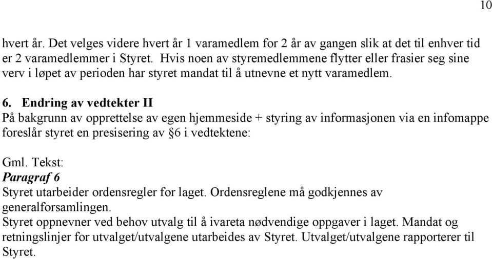 Endring av vedtekter II På bakgrunn av opprettelse av egen hjemmeside + styring av informasjonen via en infomappe foreslår styret en presisering av 6 i vedtektene: Gml.