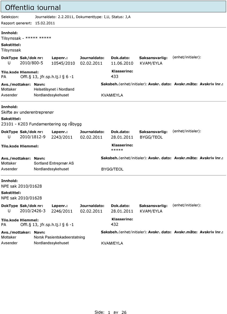 : Mottaker Helsetilsynet i Nordland Skifte av underentreprenør 23101 - K203 Fundamentering og råbygg 2010/1812-9 2243/2011 28.01.2011 BYGG/TEOL Avs.