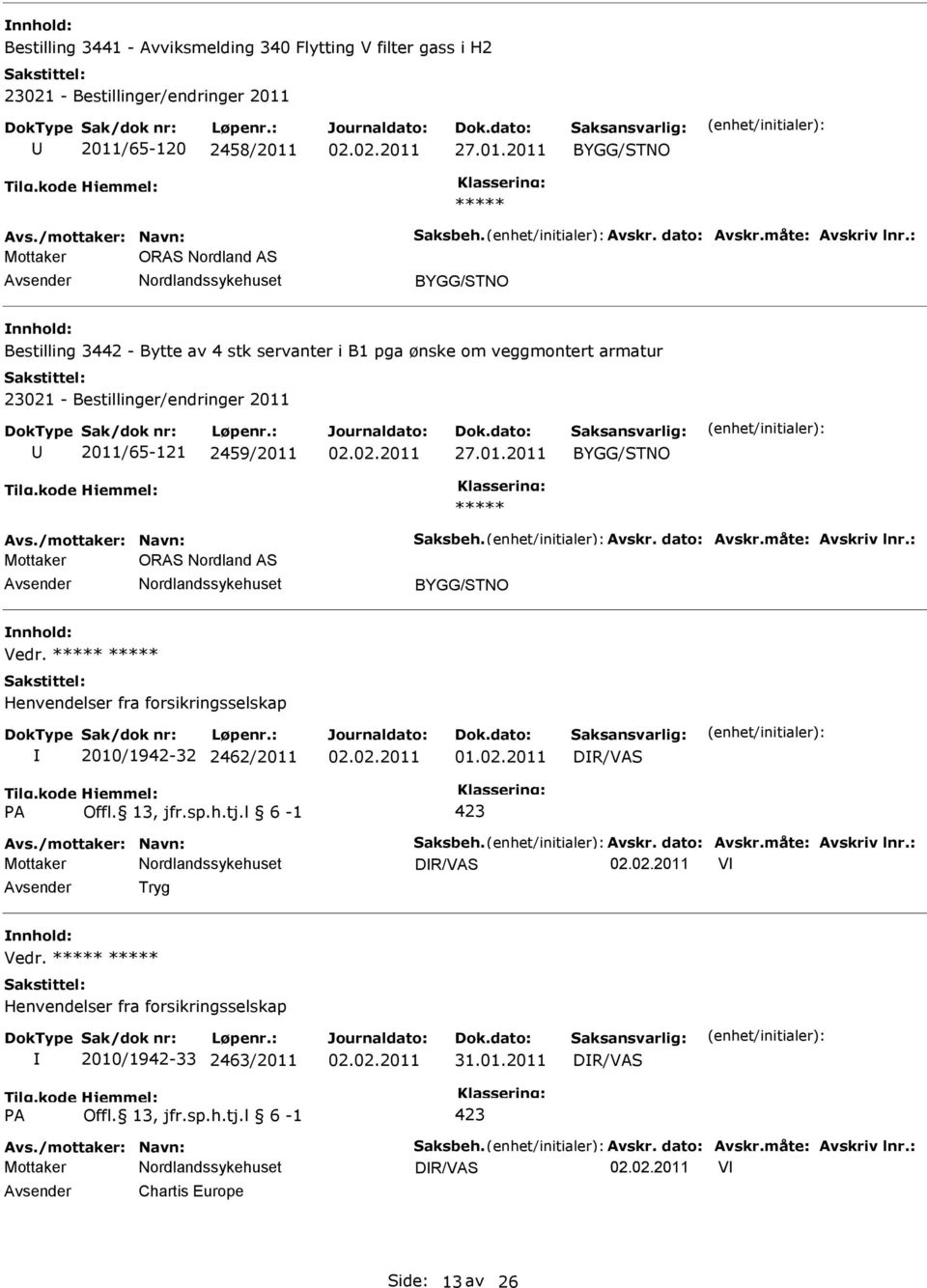 måte: Avskriv lnr.: Mottaker ORAS Nordland AS Vedr. Henvendelser fra forsikringsselskap 2010/1942-32 2462/2011 01.02.2011 DR/VAS A 423 Avs./mottaker: Navn: Saksbeh. Avskr. dato: Avskr.