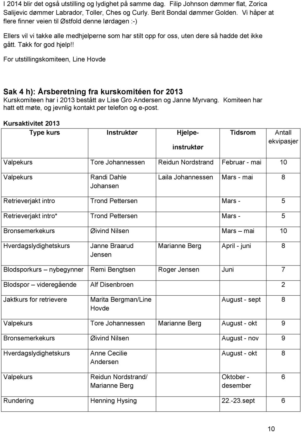 ! For utstillingskomiteen, Line Hovde Sak 4 h): Årsberetning fra kurskomitéen for 2013 Kurskomiteen har i 2013 bestått av Lise Gro Andersen og Janne Myrvang.