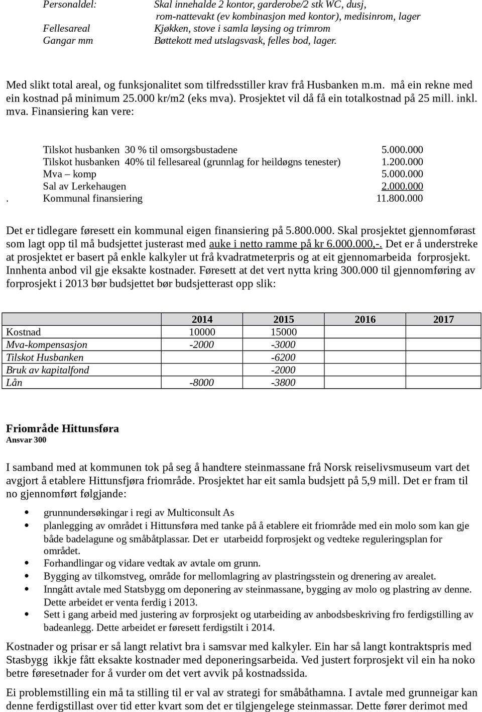 Prosjektet vil då få ein totalkostnad på 25 mill. inkl. mva. Finansiering kan vere: Tilskot husbanken 30 % til omsorgsbustadene 5.000.