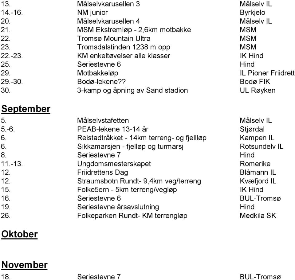 3-kamp og åpning av Sand stadion UL Røyken September 5. Målselvstafetten Målselv IL 5.-6. PEAB-lekene 13-14 år Stjørdal 6. Reistadtråkket - 14km terreng- og fjellløp Kampen IL 6.