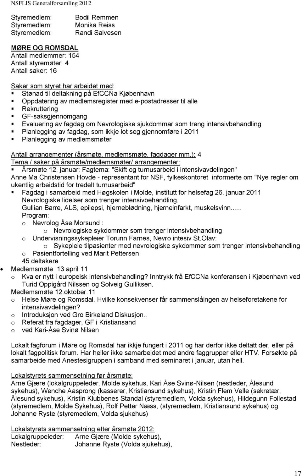 intensivbehandling Planlegging av fagdag, som ikkje lot seg gjennomføre i 2011 Planlegging av medlemsmøter Antall arrangementer (årsmøte, medlemsmøte, fagdager mm.