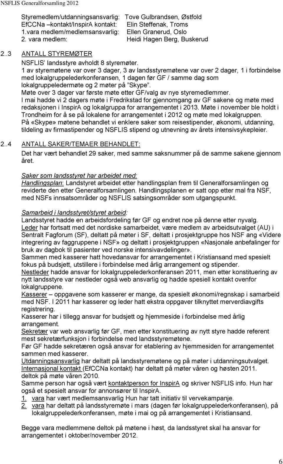 1 av styremøtene var over 3 dager, 3 av landsstyremøtene var over 2 dager, 1 i forbindelse med lokalgruppelederkonferansen, 1 dagen før GF / samme dag som lokalgruppeledermøte og 2 møter på Skype.