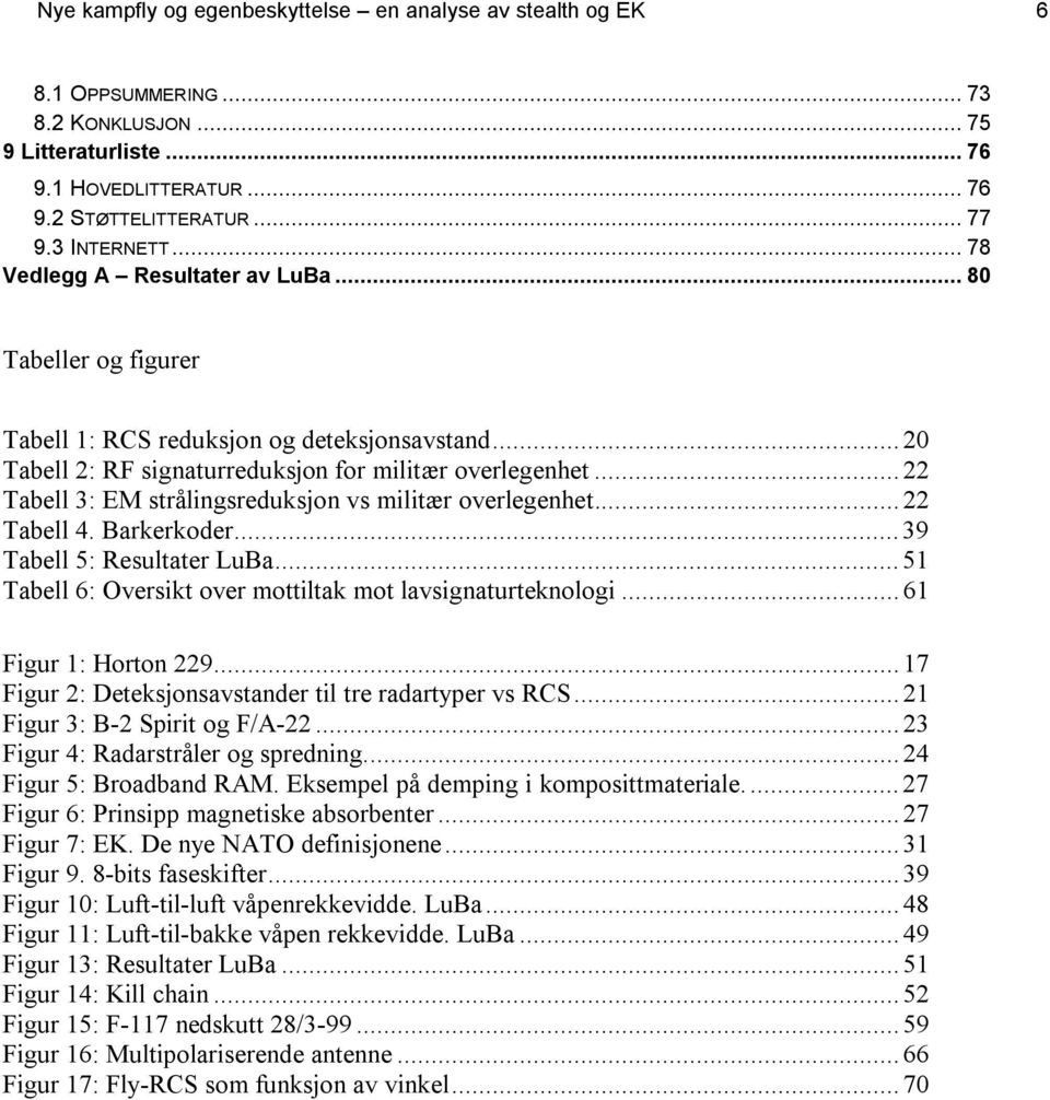 ..22 Tabell 3: EM strålingsreduksjon vs militær overlegenhet...22 Tabell 4. Barkerkoder...39 Tabell 5: Resultater LuBa...51 Tabell 6: Oversikt over mottiltak mot lavsignaturteknologi.