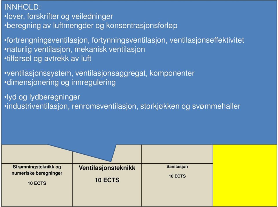 og avtrekk av luft byggautomasjon Termodynamikk, varme- og massetransport ventilasjonssystem, ventilasjonsaggregat, komponenter dimensjonering og innregulering 5 ECTS Masterprosjekt Valgbart emne 5