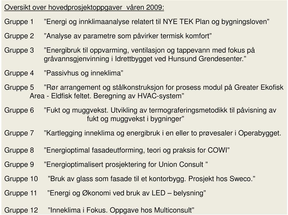 Gruppe 4 Passivhus og inneklima Gruppe 5 Rør arrangement og stålkonstruksjon for prosess modul på Greater Ekofisk Area - Eldfisk feltet. Beregning av HVAC-system Gruppe 6 Fukt og muggvekst.