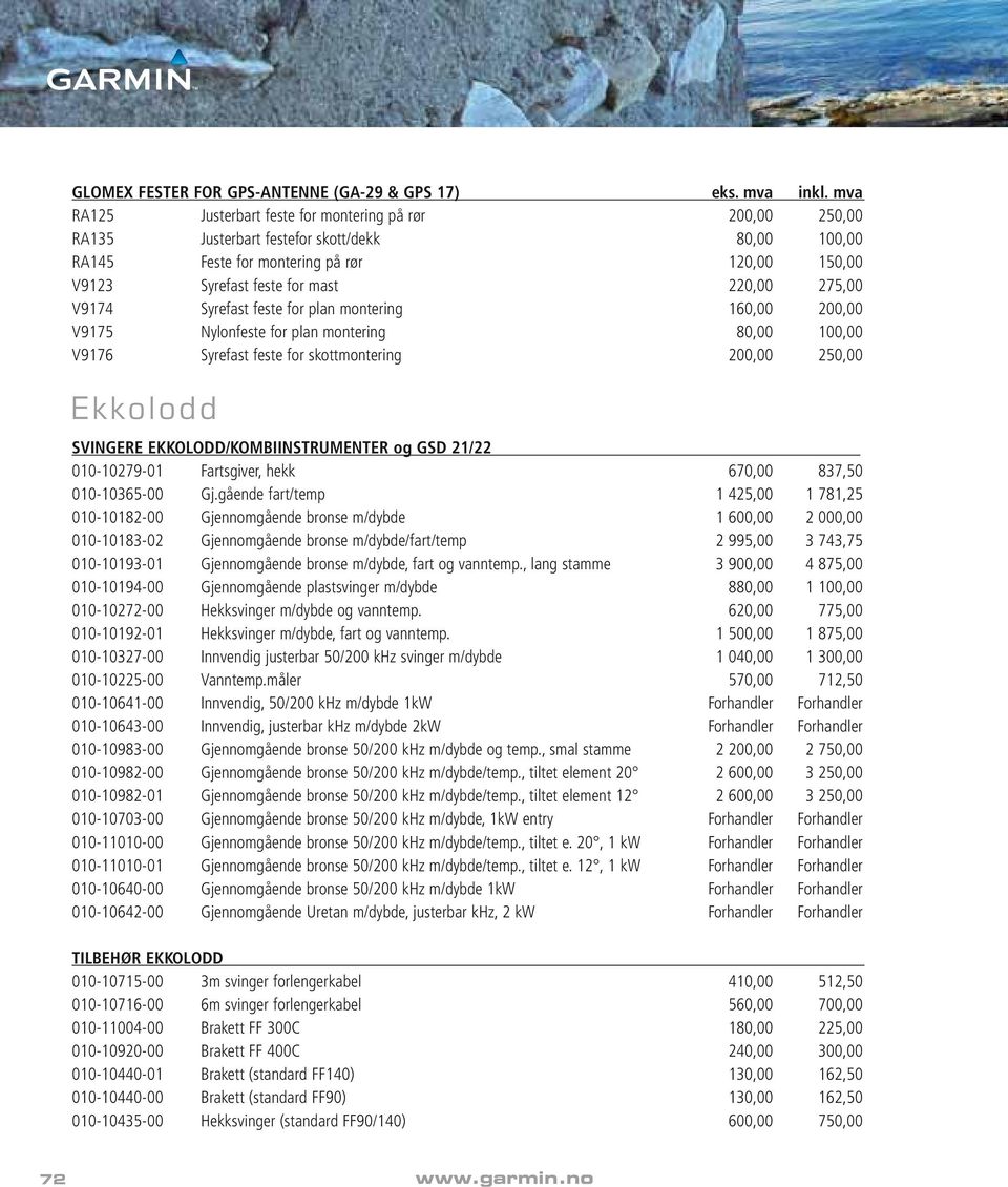 275,00 V9174 Syrefast feste for plan montering 160,00 200,00 V9175 Nylonfeste for plan montering 80,00 100,00 V9176 Syrefast feste for skottmontering 200,00 250,00 Ekkolodd SVINGERE