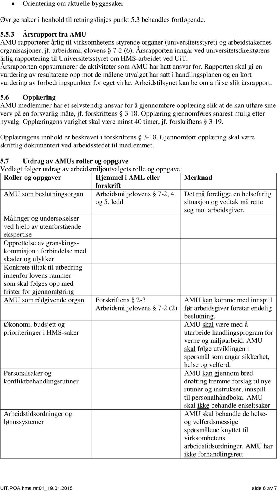 Årsrapporten inngår ved universitetsdirektørens årlig rapportering til Universitetsstyret om HMS-arbeidet ved UiT. Årsrapporten oppsummerer de aktiviteter som AMU har hatt ansvar for.