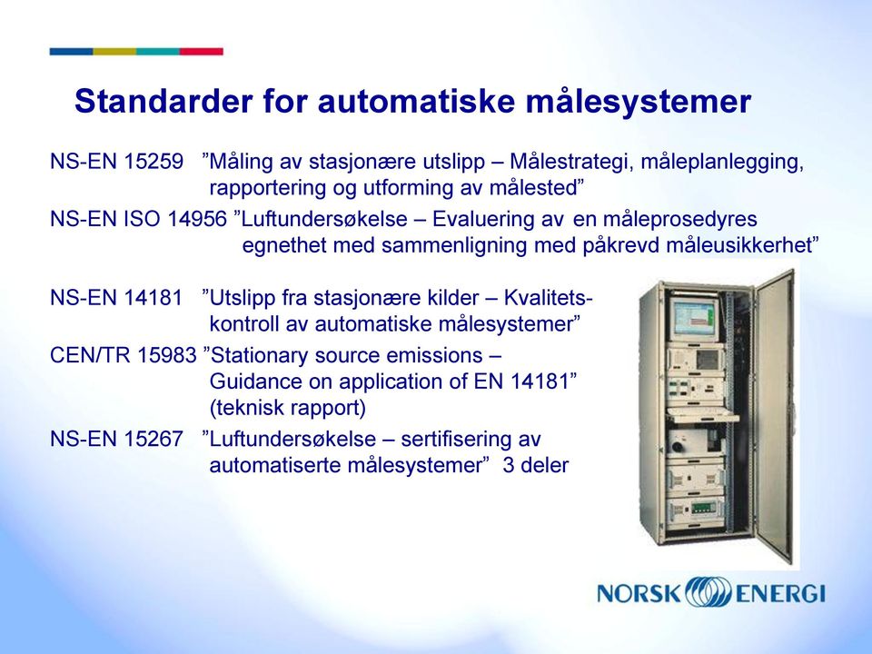 måleusikkerhet NS-EN 14181 Utslipp fra stasjonære kilder Kvalitetskontroll av automatiske målesystemer CEN/TR 15983 Stationary