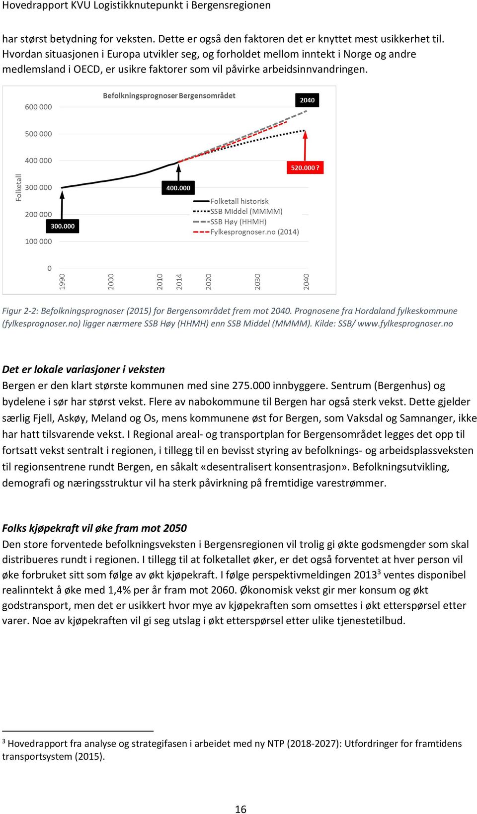 Figur 2 2: Befolkningsprognoser (2015) for Bergensområdet frem mot 2040. Prognosene fra Hordaland fylkeskommune (fylkesprognoser.no) ligger nærmere SSB Høy (HHMH) enn SSB Middel (MMMM).