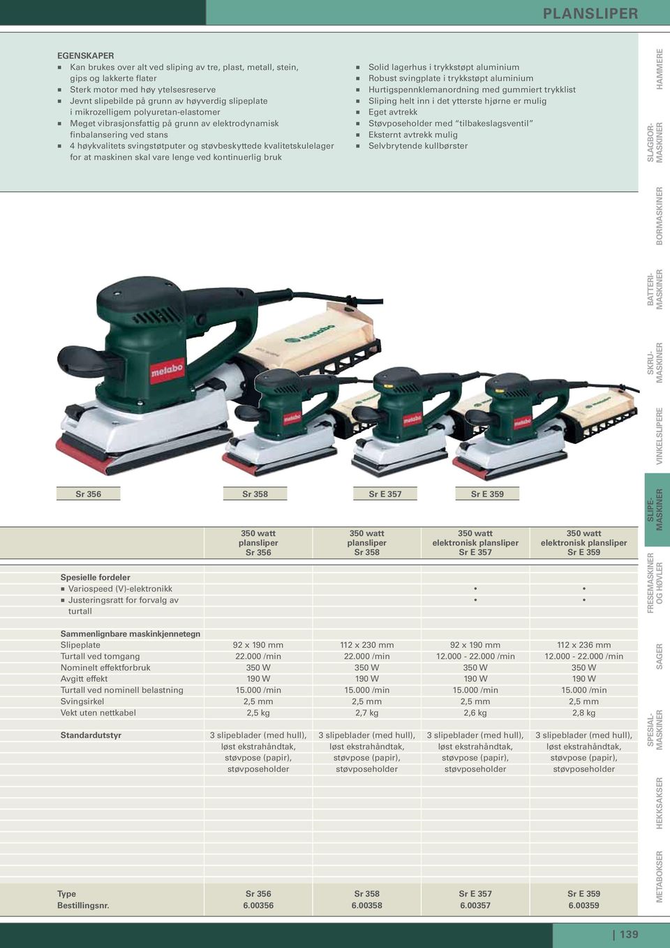 kontinuerlig bruk Sr 356 Sr 358 Sr E 357 Sr E 359 Spesielle fordeler Variospeed (V)-elektronikk Justeringsratt for forvalg av turtall Saenlignbare maskinkjennetegn Slipeplate 92 x 190 112 x 230 92 x