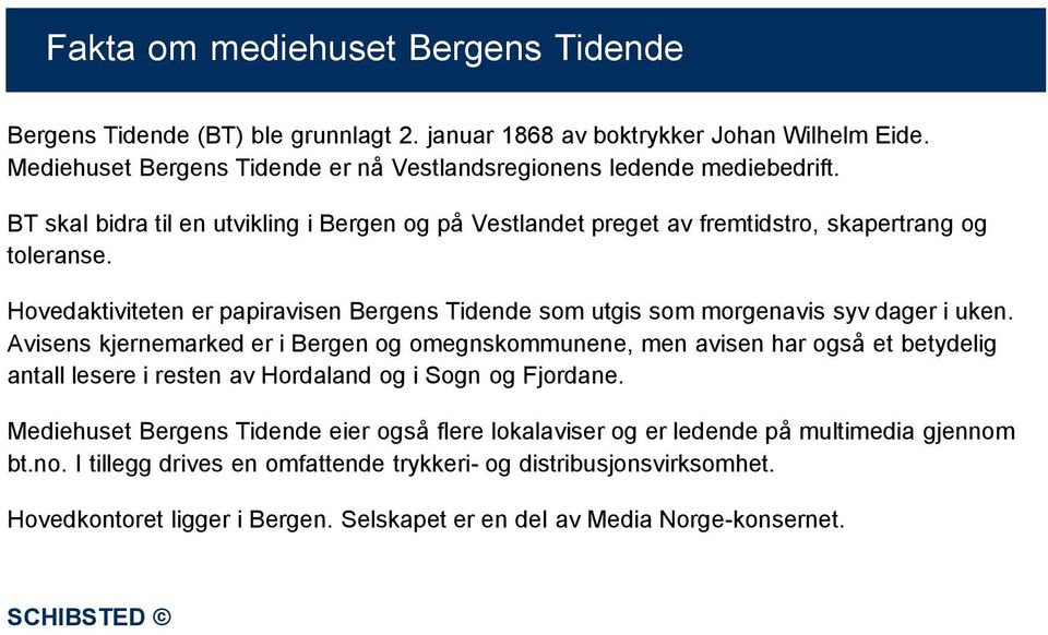 Hovedaktiviteten er papiravisen Bergens Tidende som utgis som morgenavis syv dager i uken.