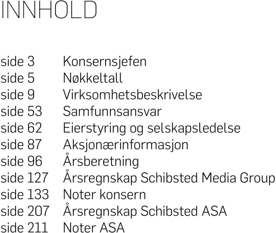 Aksjonærinformasjon side 96 Årsberetning side 127 Årsregnskap Schibsted