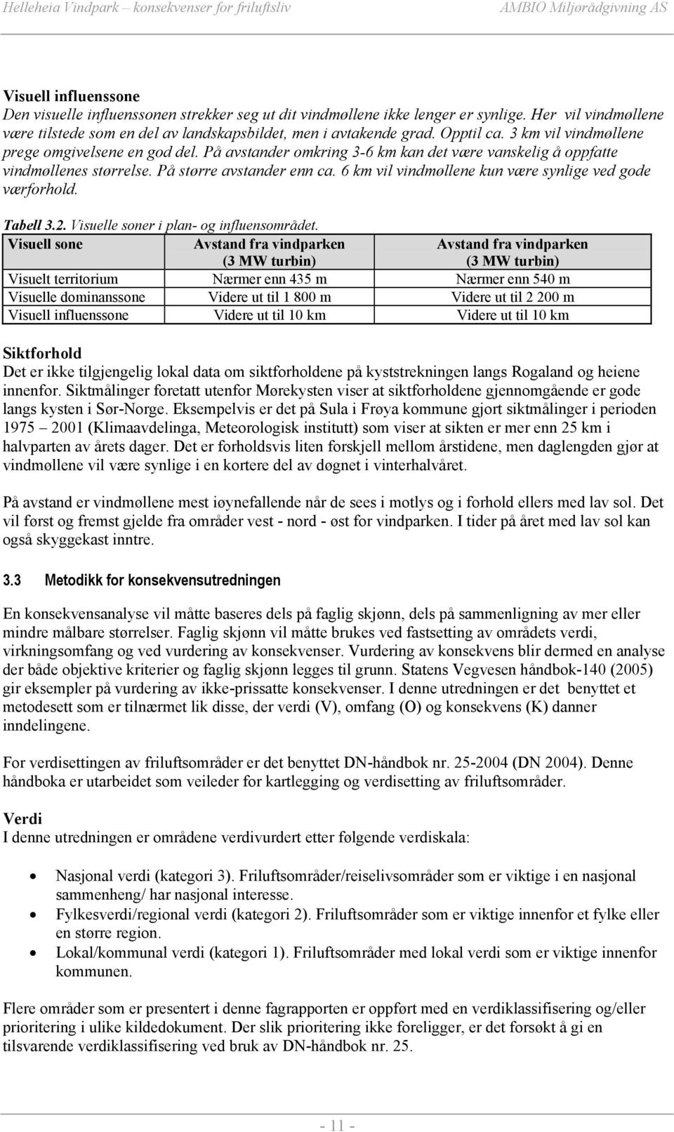 6 km vil vindmøllene kun være synlige ved gode værforhold. Tabell 3.2. Visuelle soner i plan- og influensområdet.