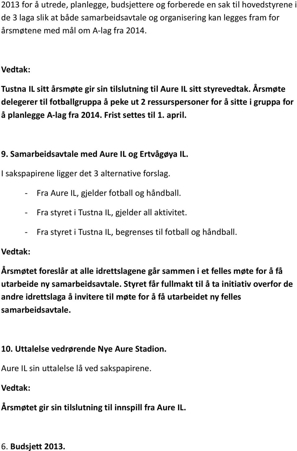 Frist settes til 1. april. 9. Samarbeidsavtale med Aure IL og Ertvågøya IL. I sakspapirene ligger det 3 alternative forslag. - Fra Aure IL, gjelder fotball og håndball.