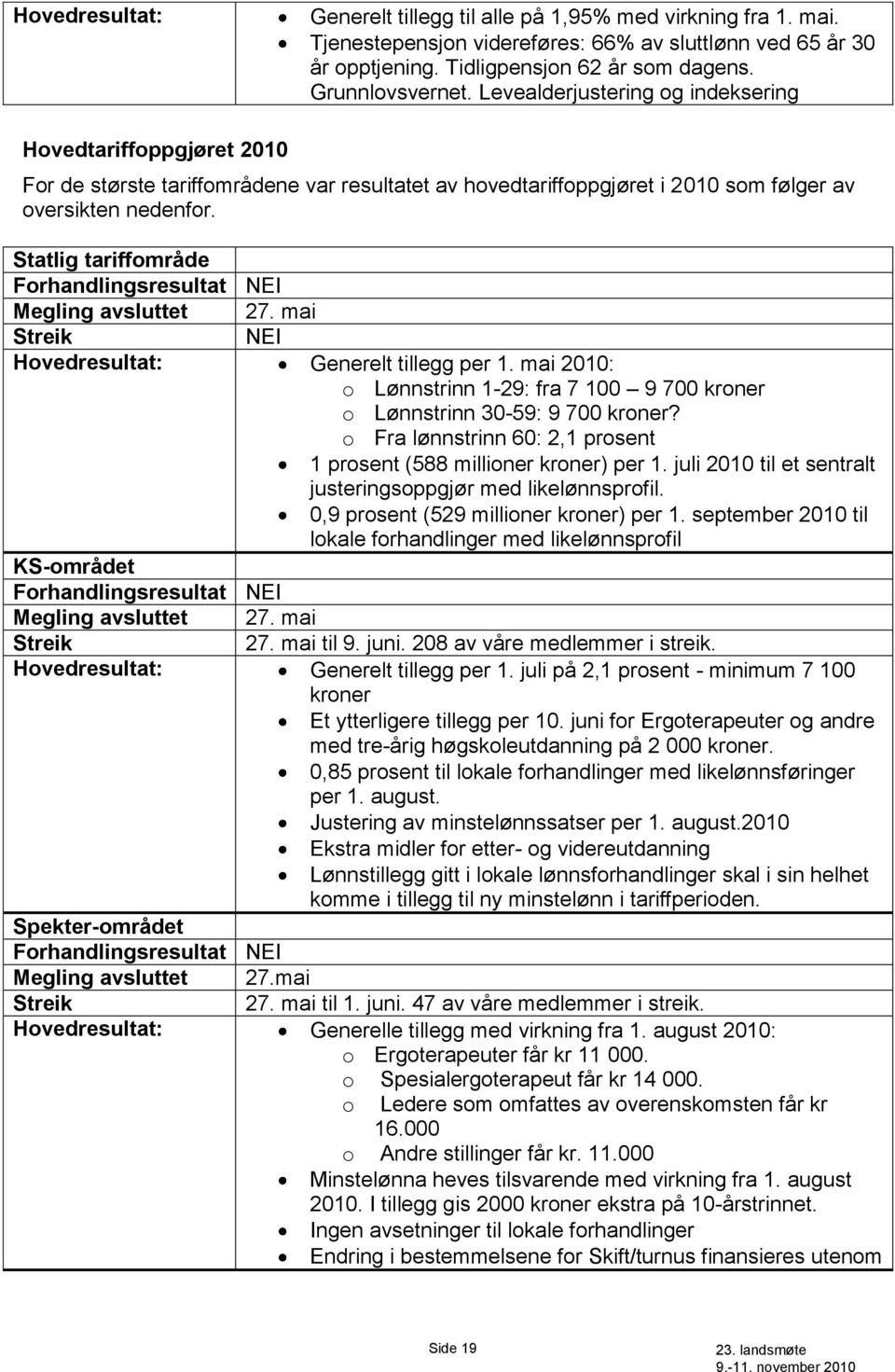 Statlig tariffområde Forhandlingsresultat NEI Megling avsluttet 27. mai Streik NEI Hovedresultat: Generelt tillegg per 1.