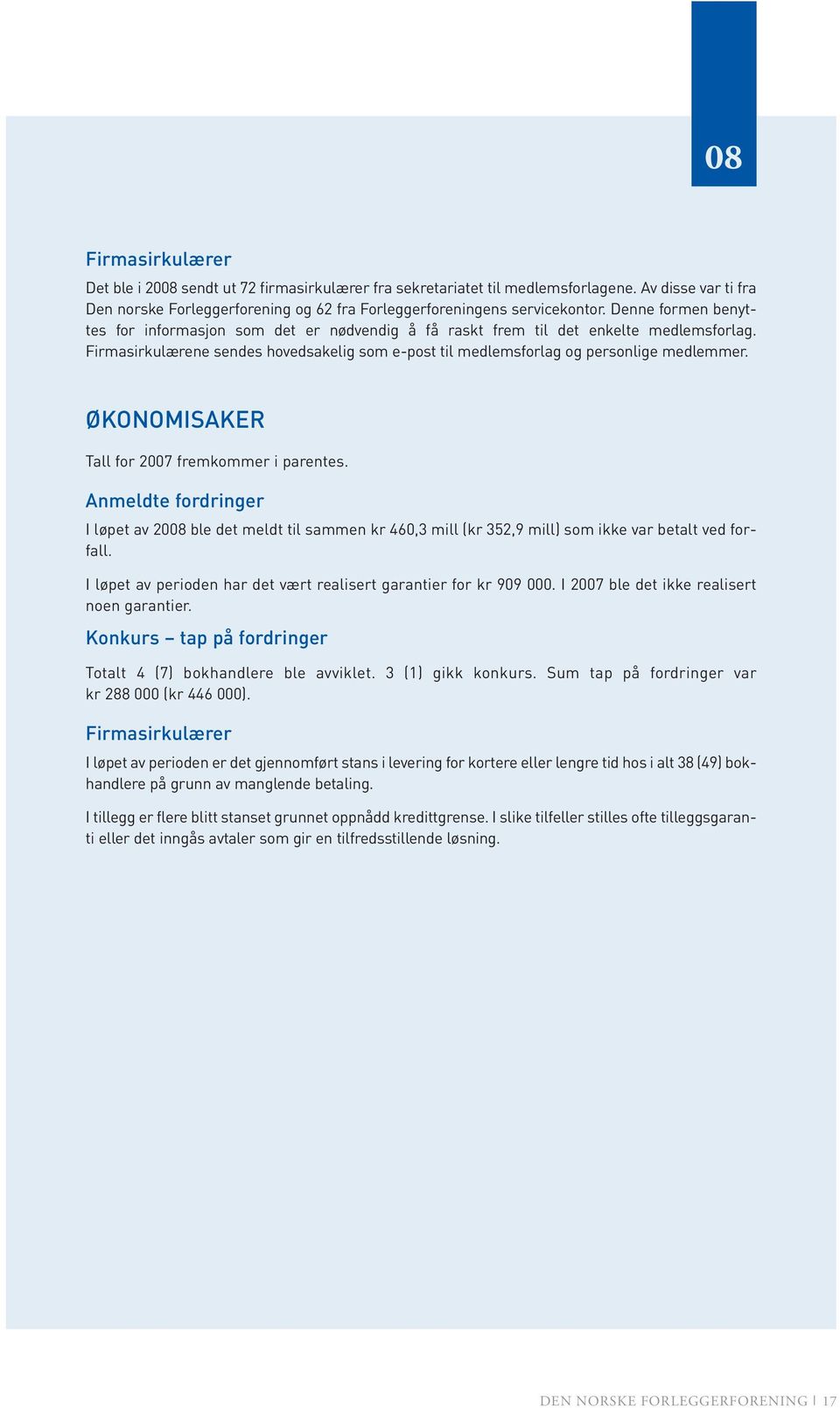 ØKONOMISAKER Tall for 2007 fremkommer i parentes. Anmeldte fordringer I løpet av 2008 ble det meldt til sammen kr 460,3 mill (kr 352,9 mill) som ikke var betalt ved forfall.