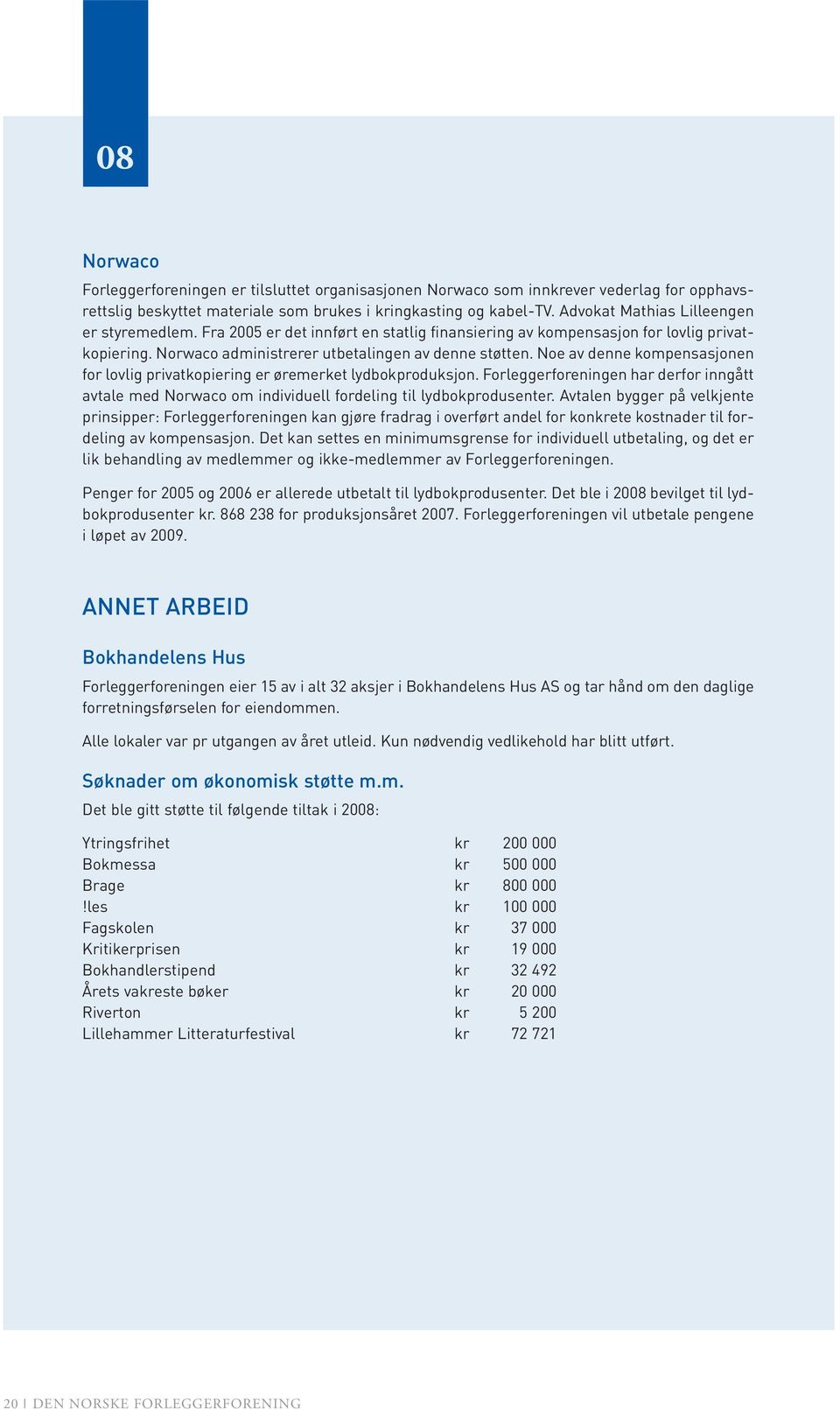 Noe av denne kompensasjonen for lovlig privatkopiering er øremerket lydbokproduksjon. Forleggerforeningen har derfor inngått avtale med Norwaco om individuell fordeling til lydbokprodusenter.