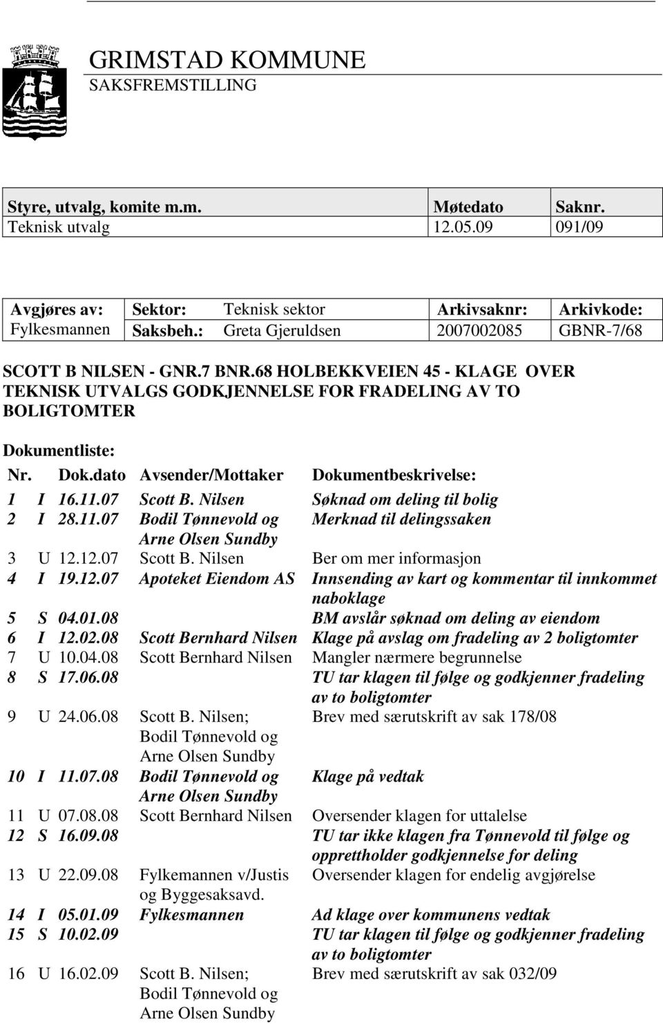 mentliste: Nr. Dok.dato Avsender/Mottaker Dokumentbeskrivelse: 1 I 16.11.07 Scott B. Nilsen Søknad om deling til bolig 2 I 28.11.07 Bodil Tønnevold og Merknad til delingssaken Arne Olsen Sundby 3 U 12.