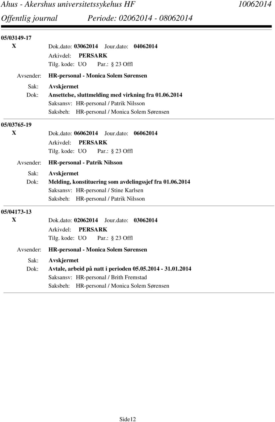 dato: 02062014 Jour.dato: 03062014 HR-personal - Monica Solem Sørensen Avtale, arbeid på natt i perioden 05.05.2014-31.01.2014 Saksansv: HR-personal / Brith Fremstad Saksbeh: HR-personal / Monica Solem Sørensen Side12