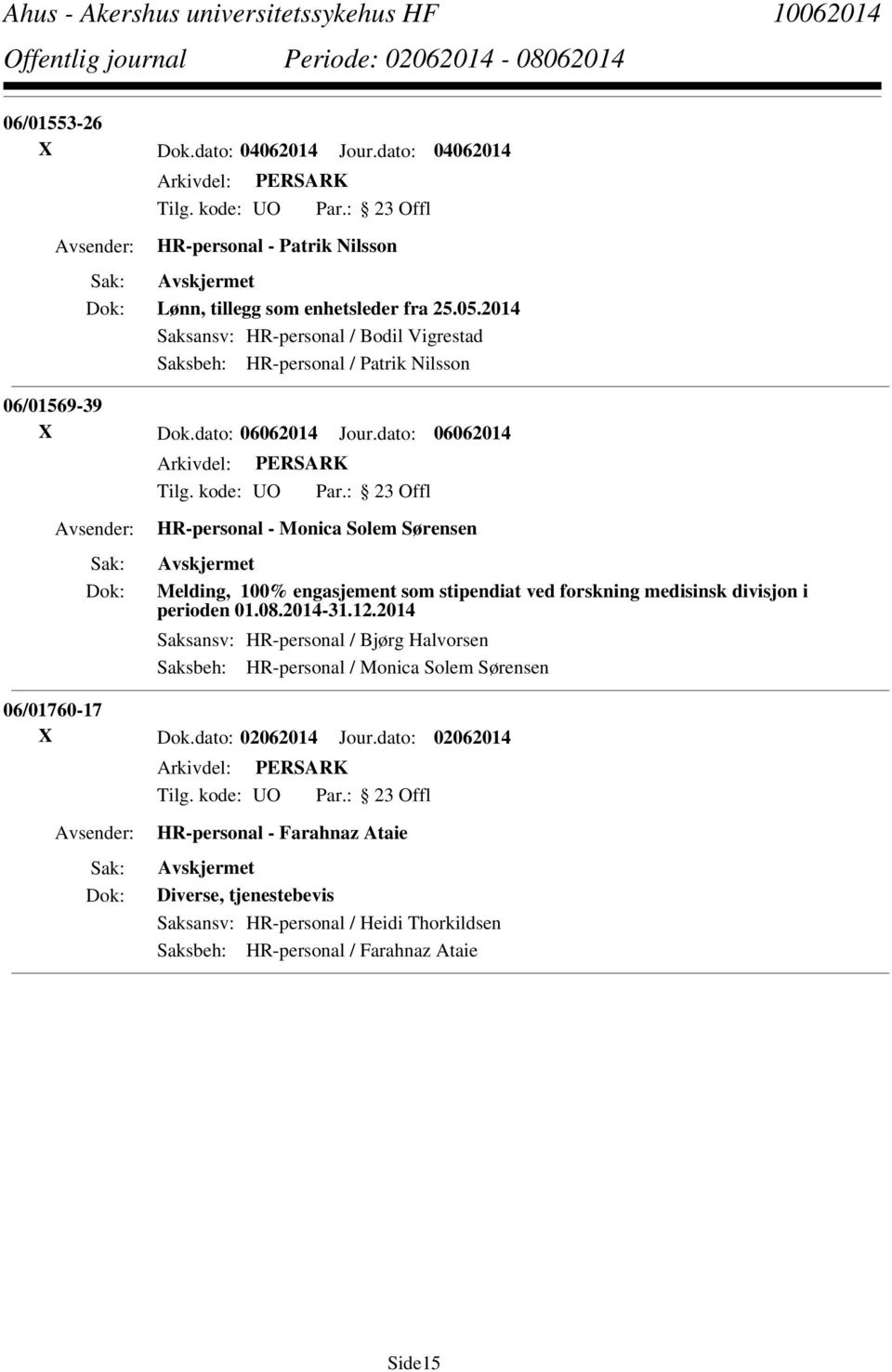 dato: 06062014 HR-personal - Monica Solem Sørensen Melding, 100% engasjement som stipendiat ved forskning medisinsk divisjon i perioden 01.08.2014-31.12.