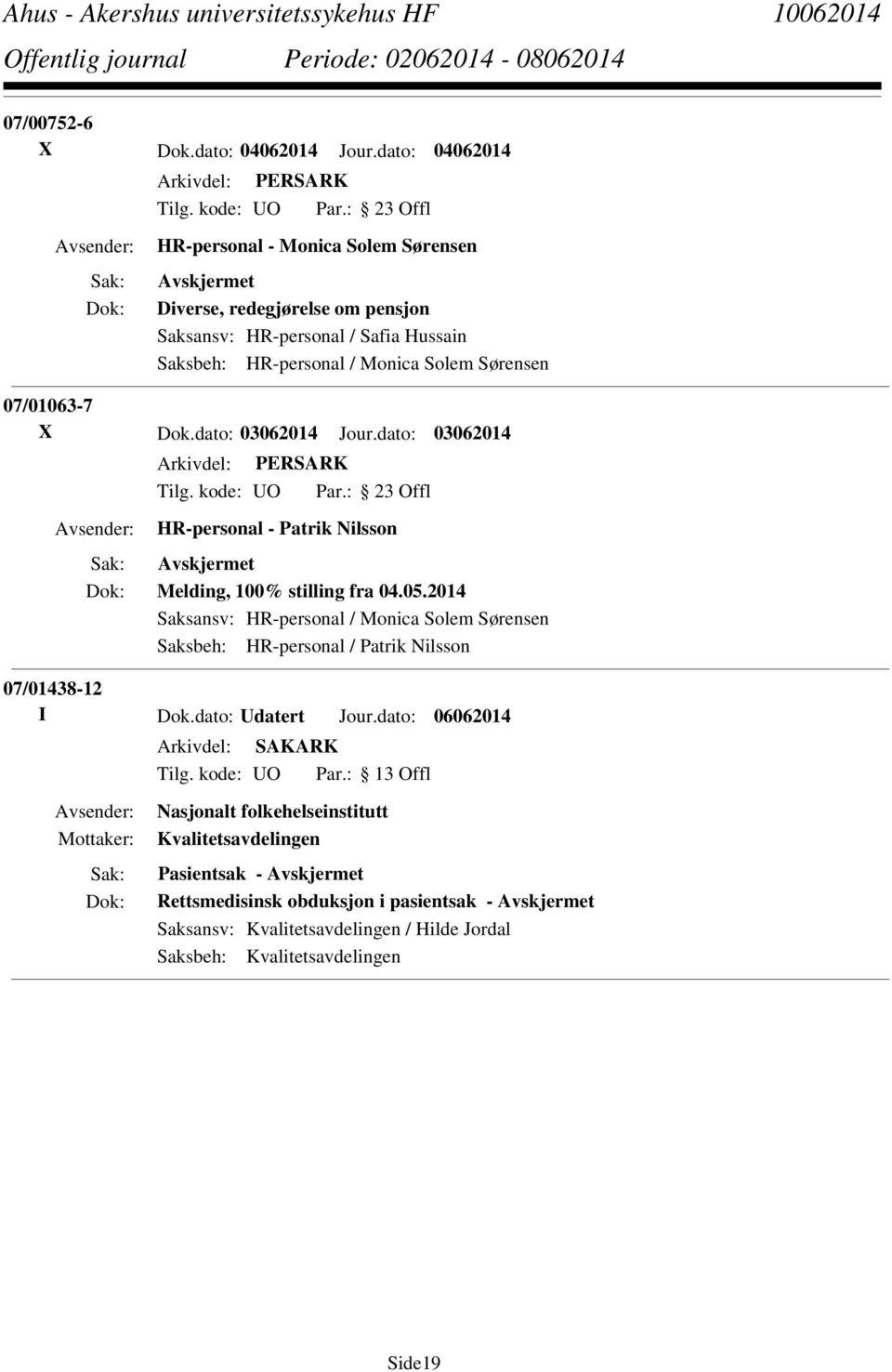 Sørensen 07/01063-7 X Dok.dato: 03062014 Jour.dato: 03062014 HR-personal - Patrik Nilsson Melding, 100% stilling fra 04.05.