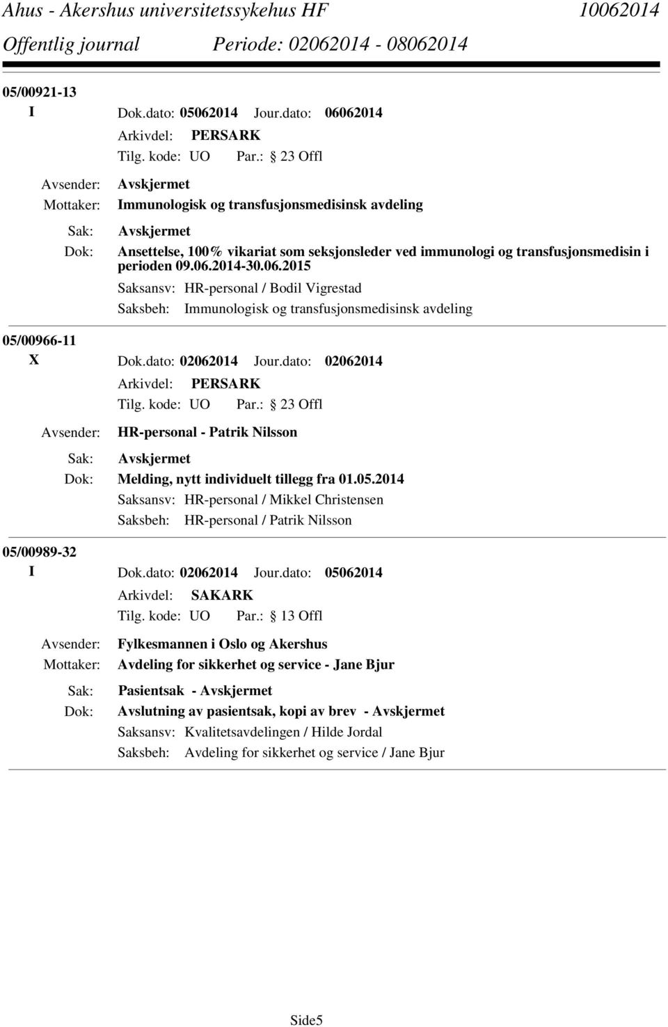 dato: 02062014 HR-personal - Patrik Nilsson Melding, nytt individuelt tillegg fra 01.05.2014 Saksansv: HR-personal / Mikkel Christensen Saksbeh: HR-personal / Patrik Nilsson 05/00989-32 I Dok.