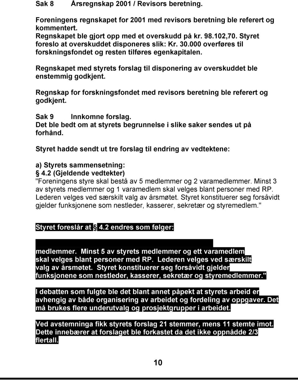 Regnskapet med styrets forslag til disponering av overskuddet ble enstemmig godkjent. Regnskap for forskningsfondet med revisors beretning ble referert og godkjent. Sak 9 Innkomne forslag.