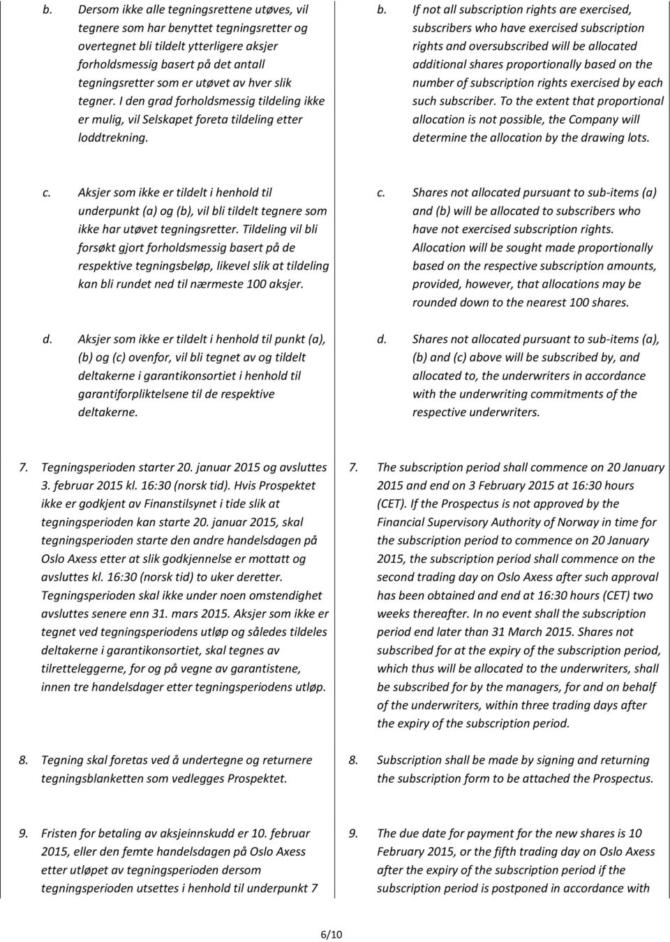 If not all subscription rights are exercised, subscribers who have exercised subscription rights and oversubscribed will be allocated additional shares proportionally based on the number of