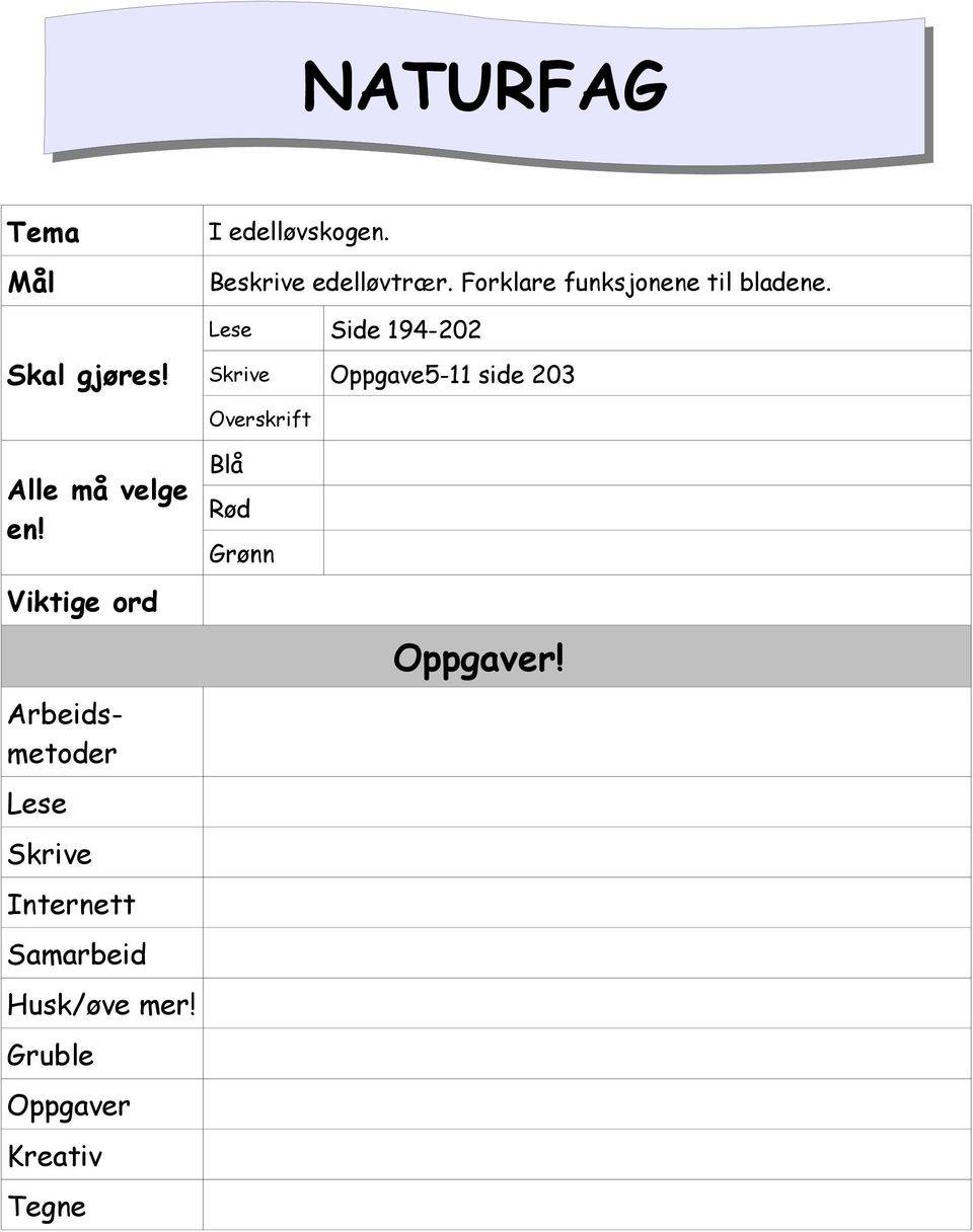 Lese Side 194-202 Skrive Oppgave5-11 side 203 Overskrift Alle må velge