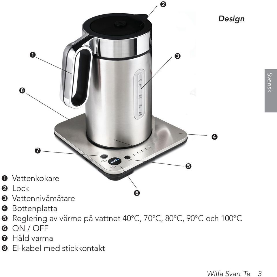 på vattnet 40 C, 70 C, 80 C, 90 C och 100 C ➏ ON / OFF