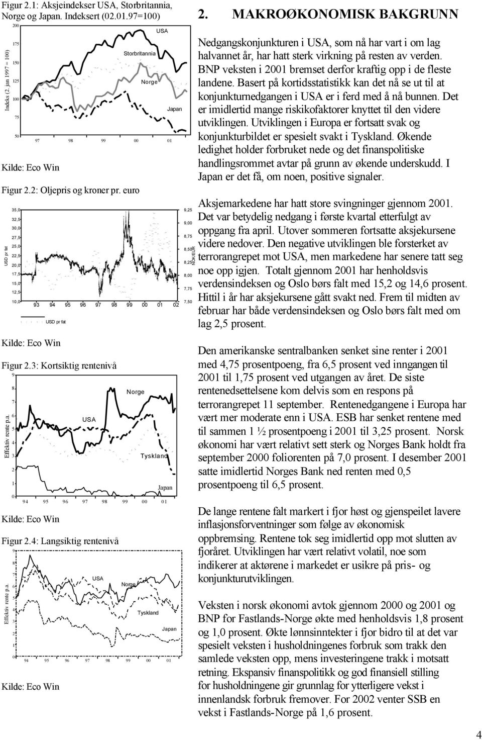 3: Kortsiktig rentenivå Effektiv rente p.a. 9 8 7 6 5 4 3 2 1 0 94 95 96 97 98 99 00 01 Kilde: Eco Win USA Figur 2.4: Langsiktig rentenivå Effektiv rente p.a. 9 8 7 6 5 4 3 2 1 0 Norge Tyskland Japan 94 95 96 97 98 99 00 01 Kilde: Eco Win USA Norge Tyskland Japan 9,25 9,00 8,75 8,50 8,25 8,00 7,75 7,50 2.