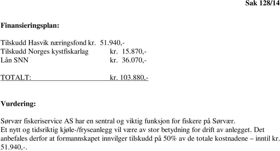 880,- Vurdering: Sørvær fiskeriservice AS har en sentral og viktig funksjon for fiskere på Sørvær.
