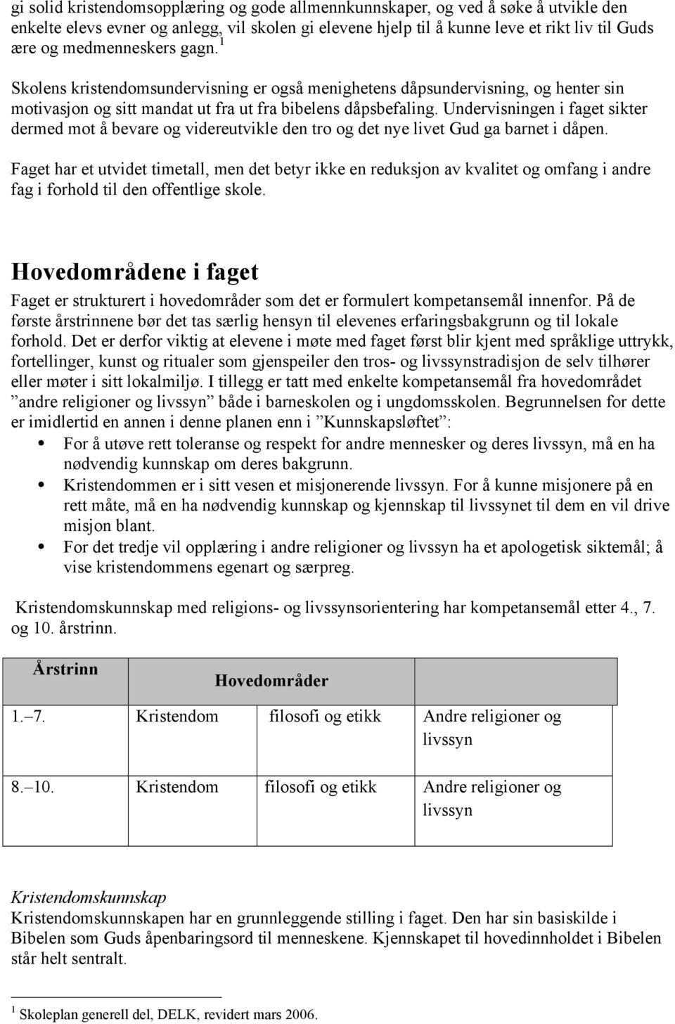 Undervisningen i faget sikter dermed mot å bevare og videreutvikle den tro og det nye livet Gud ga barnet i dåpen.