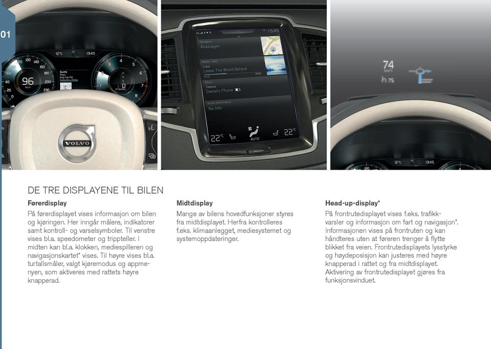 Midtdisplay Mange av bilens hovedfunksjoner styres fra midtdisplayet. Herfra kontrolleres f.eks. klimaanlegget, mediesystemet og systemoppdateringer. Head-up-display* På frontrutedisplayet vises f.