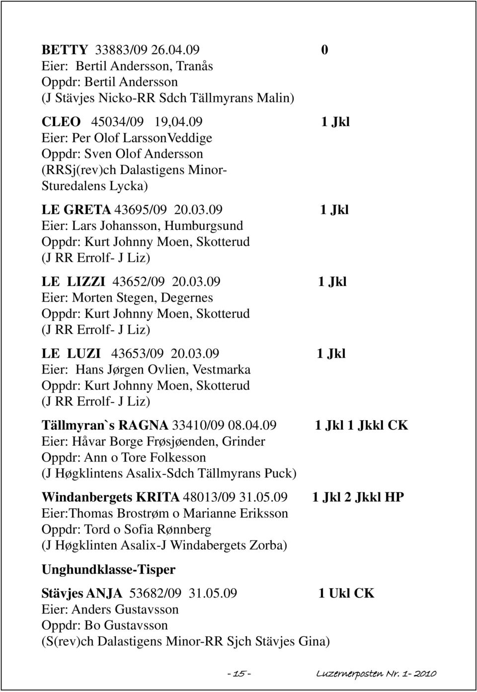 09 Eier: Lars Johansson, Humburgsund Oppdr: Kurt Johnny Moen, Skotterud (J RR Errolf- J Liz) LE LIZZI 43652/09 20.03.