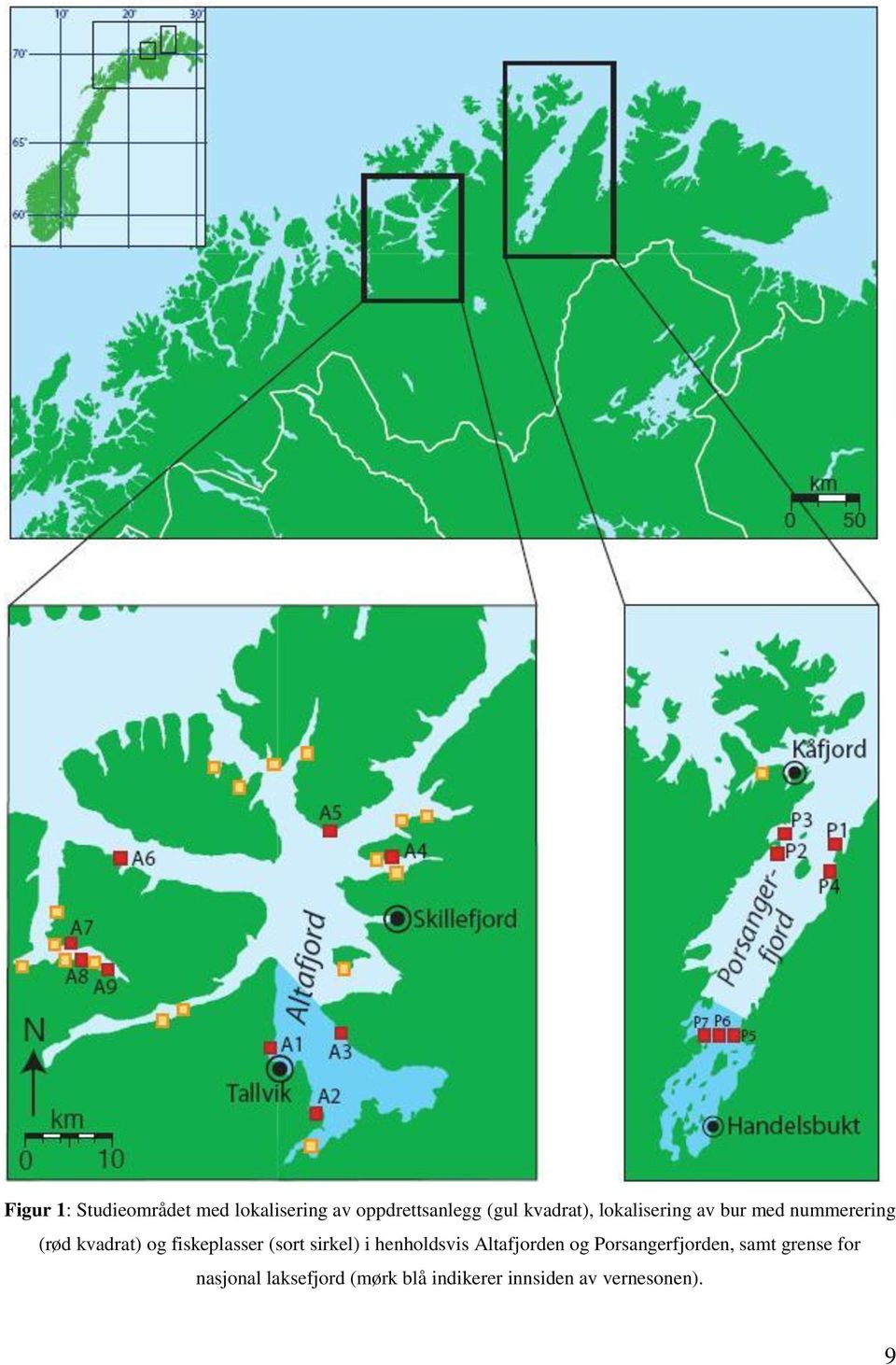 fiskeplasser (sort sirkel) i henholdsvis Altafjorden og