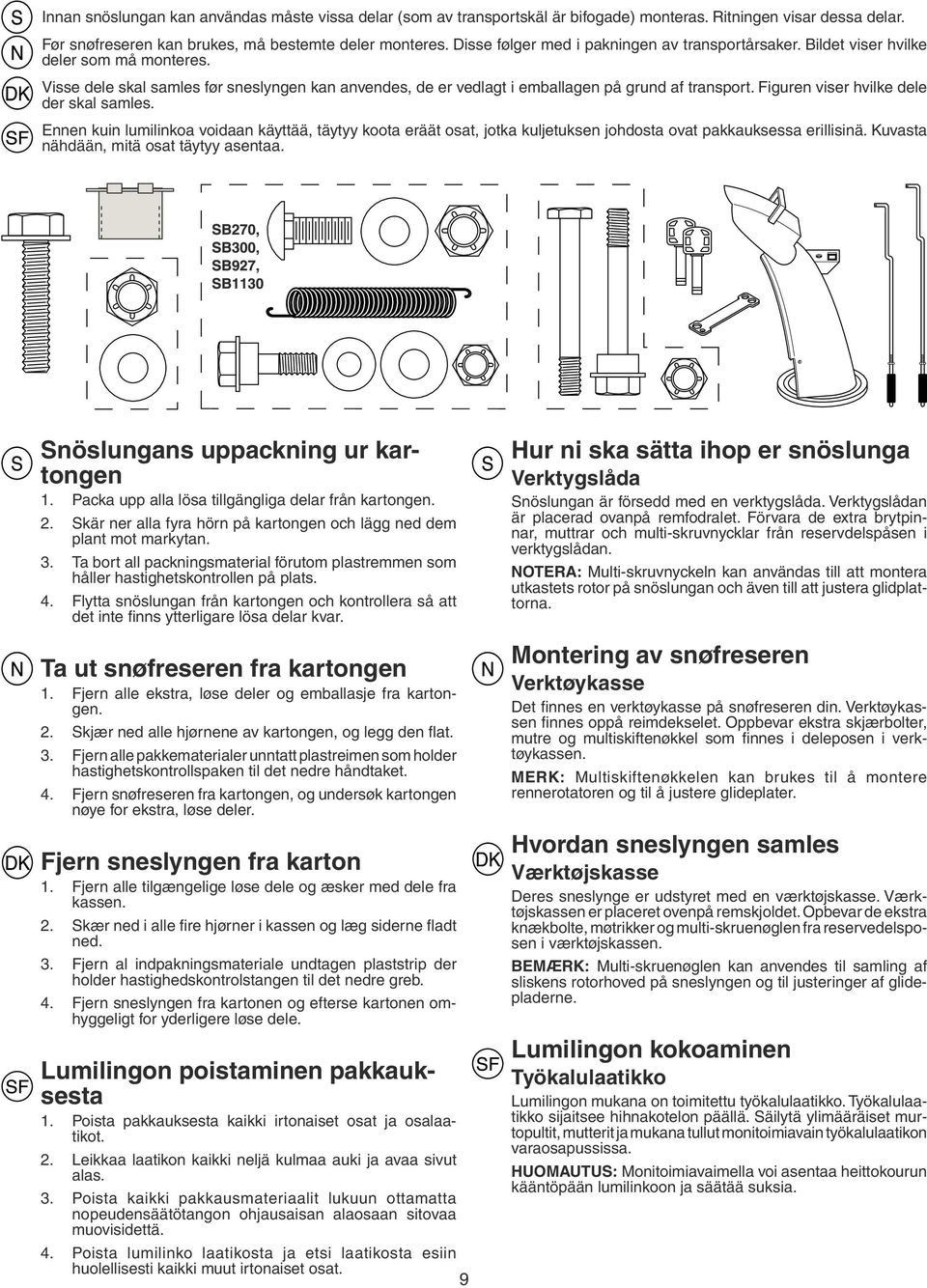 Figuren viser hvilke dele der skal samles. Ennen kuin lumilinkoa voidaan käyttää, täytyy koota eräät osat, jotka kuljetuksen johdosta ovat pakkauksessa erillisinä.